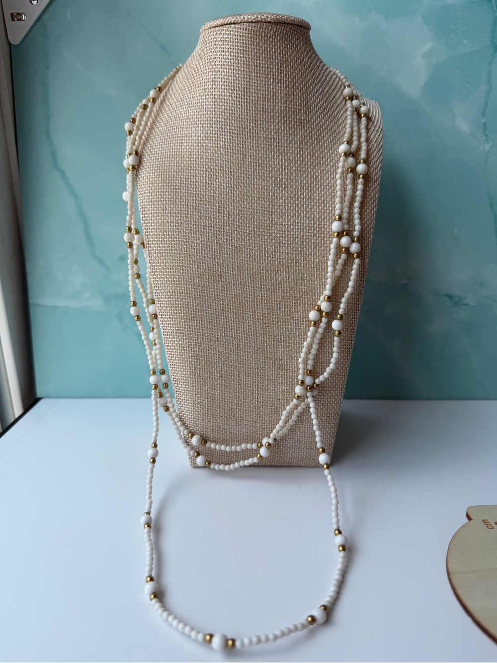 Vintage Napier White and Gold Layered Three-Strand Beaded Necklace